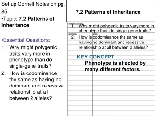 Set up Cornell Notes on pg.  8 5 Topic:  7.2 Patterns of Inheritance Essential Questions :