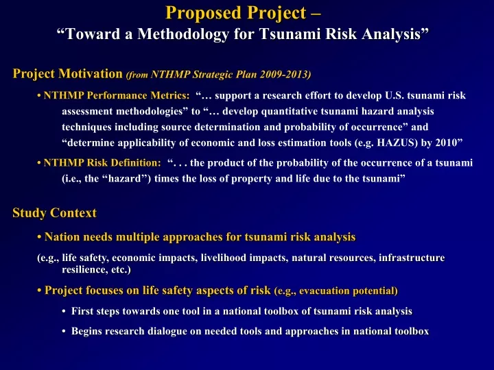 proposed project toward a methodology for tsunami risk analysis