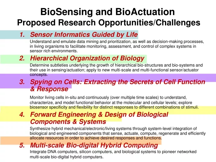biosensing and bioactuation proposed research opportunities challenges