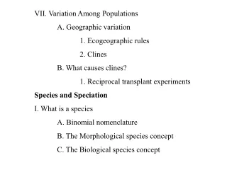 VII. Variation Among Populations 	A. Geographic variation 		1. Ecogeographic rules 		2. Clines