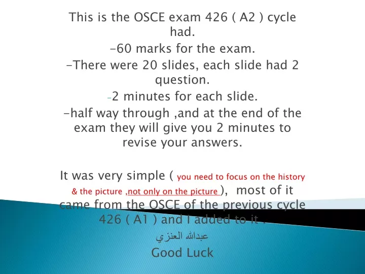 this is the osce exam 426 a2 cycle had 60 marks