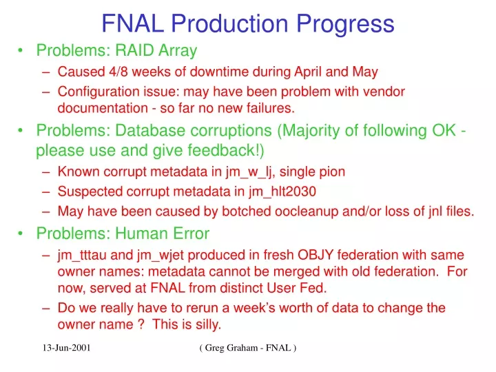 fnal production progress