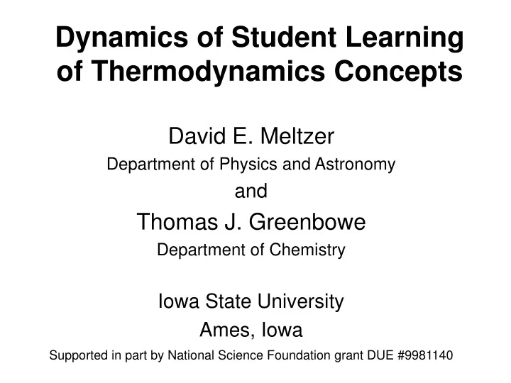 dynamics of student learning of thermodynamics concepts