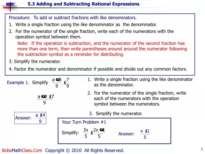 procedure to add or subtract fractions with like