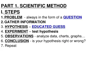 PART 1. SCIENTIFIC METHOD I.  STEPS PROBLEM   - always in the form of a  QUESTION