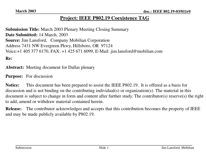 project ieee p802 19 coexistence tag submission