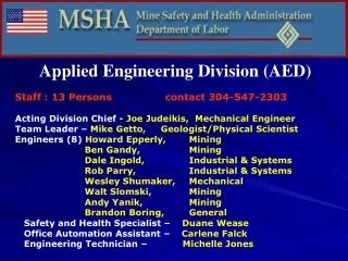 Applied Engineering Division (AED) Staff : 13 Persons                contact 304-547-2303