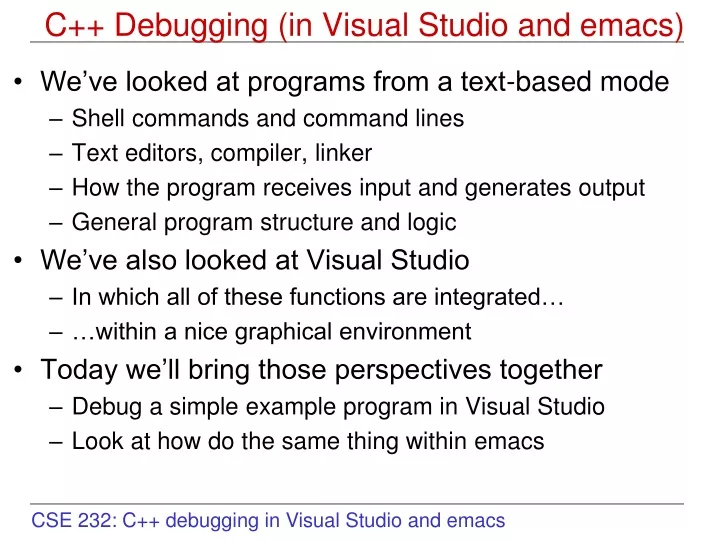 c debugging in visual studio and emacs