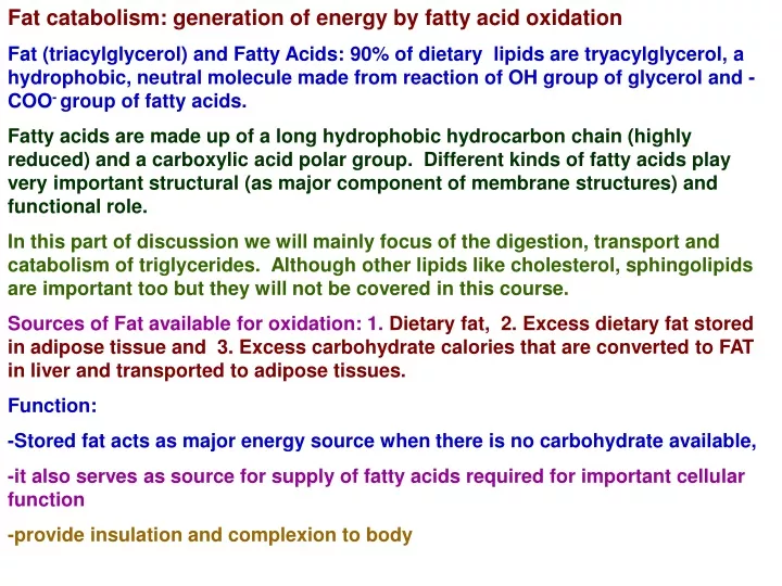 fat catabolism generation of energy by fatty acid