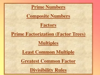 Prime Numbers Composite Numbers Factors Prime Factorization (Factor Trees) Multiples