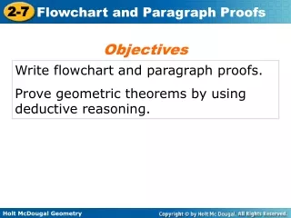 Write flowchart and paragraph proofs. Prove geometric theorems by using deductive reasoning.