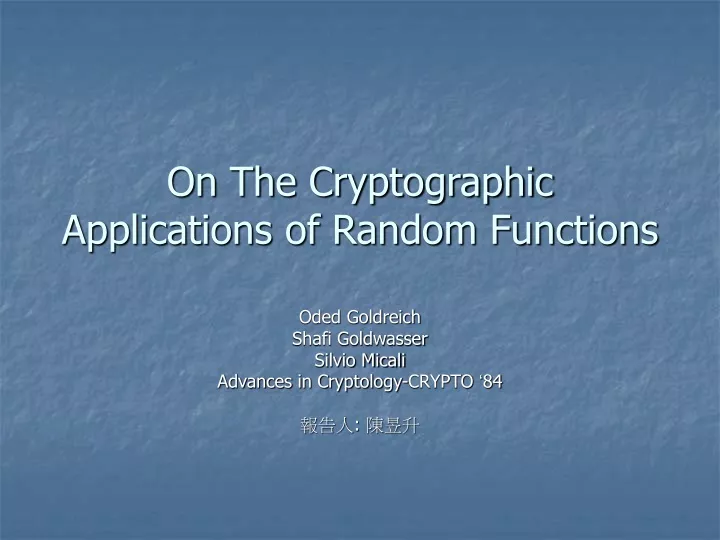 on the cryptographic applications of random functions