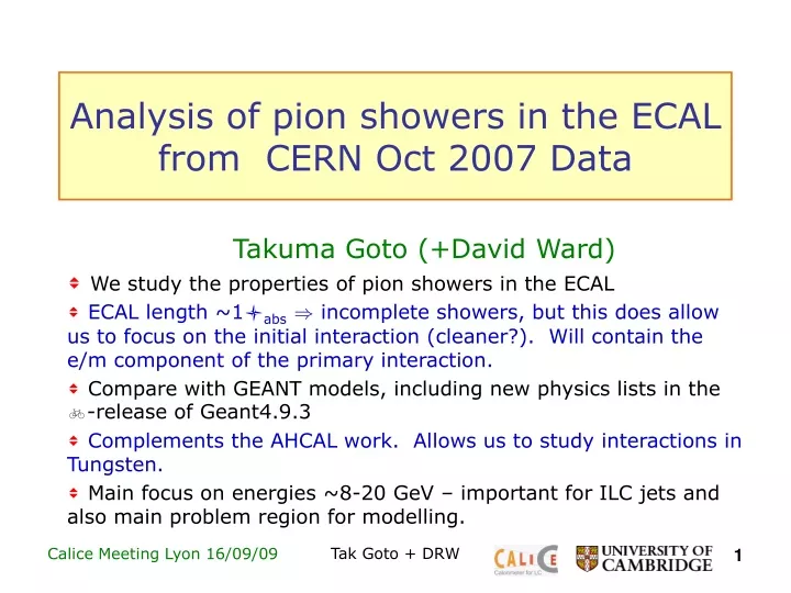 analysis of pion showers in the ecal from cern oct 2007 data