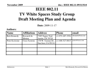 IEEE 802.11 TV White Spaces Study Group Draft Meeting Plan and Agenda