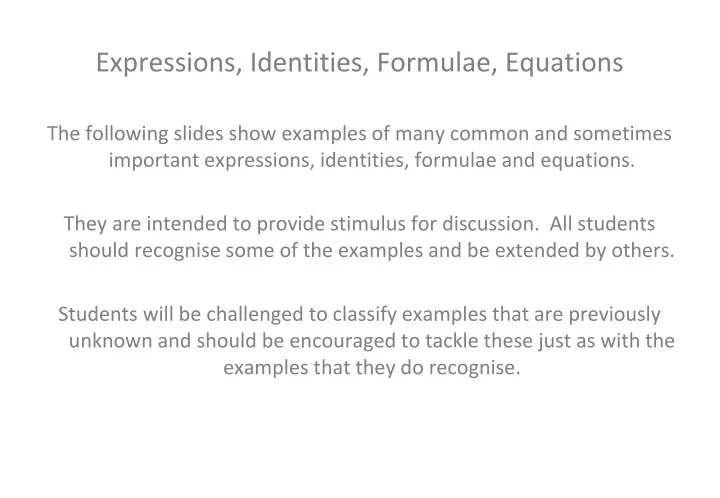 expressions identities formulae equations