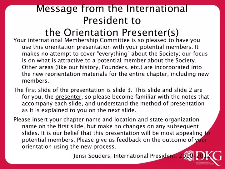 message from the international president to the orientation presenter s