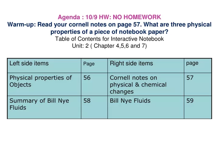 agenda 10 9 hw no homework warm up read your