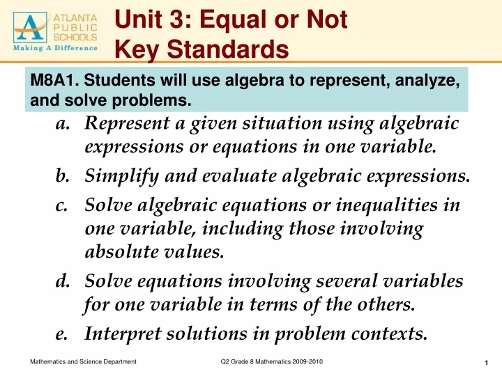 unit 3 equal or not key standards