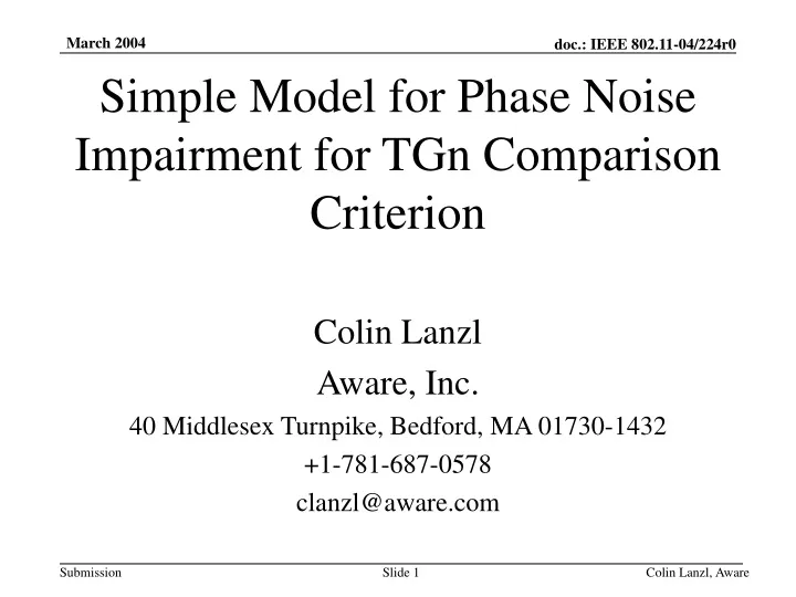 simple model for phase noise impairment for tgn comparison criterion