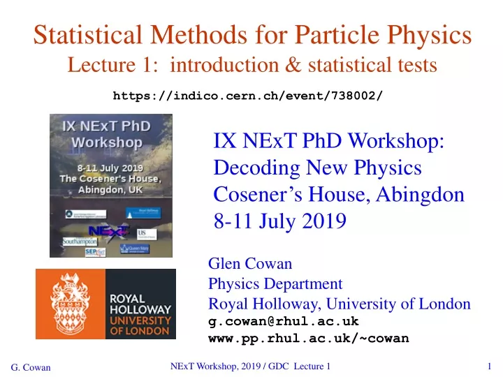 statistical methods for particle physics lecture 1 introduction statistical tests