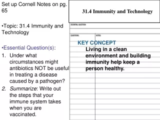 Set up Cornell Notes on pg. 65 Topic: 31.4 Immunity and Technology  Essential Question(s) :