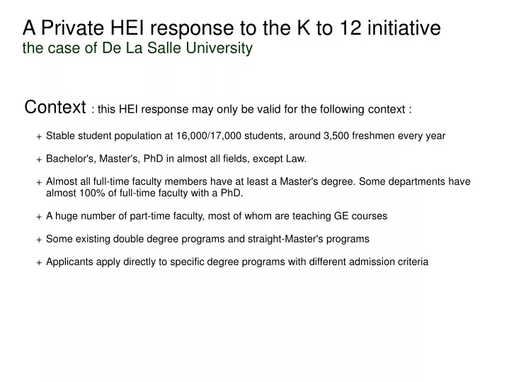 a private hei response to the k to 12 initiative