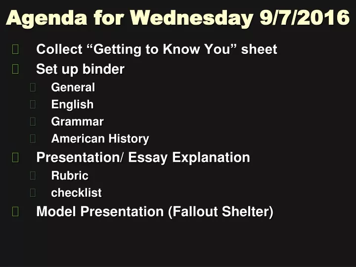 agenda for wednesday 9 7 2016