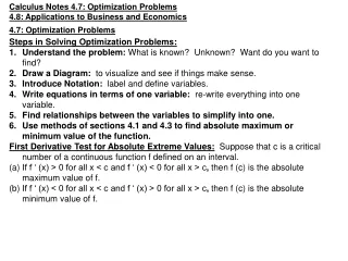Calculus Notes 4.7: Optimization Problems 4.8: Applications to Business and Economics