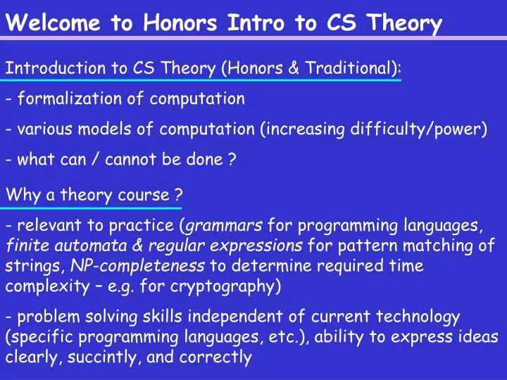 welcome to honors intro to cs theory