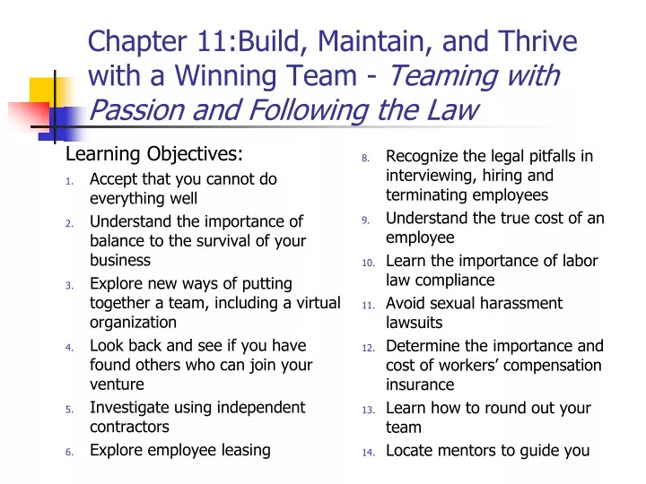 chapter 11 build maintain and thrive with a winning team teaming with passion and following the law