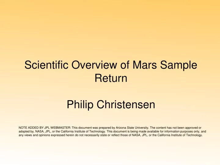 scientific overview of mars sample return philip