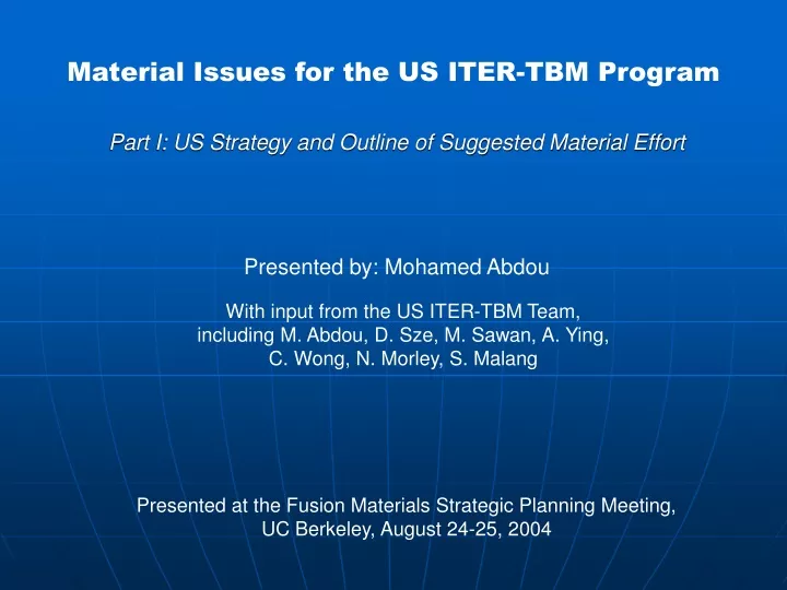 material issues for the us iter tbm program