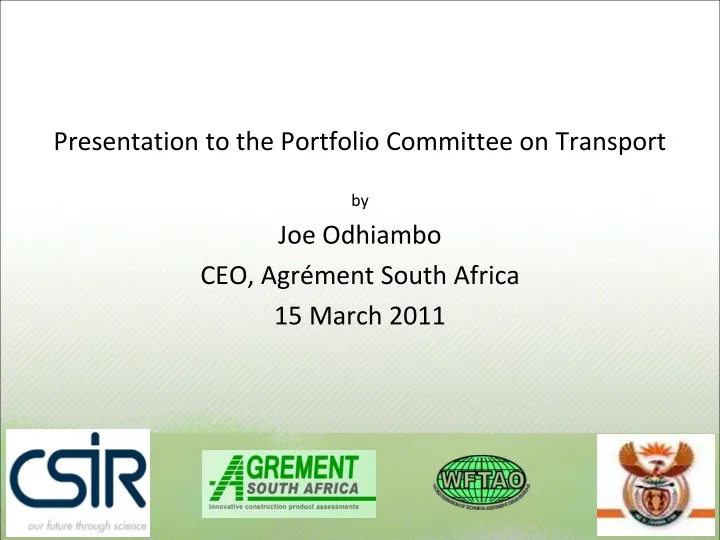 presentation to the portfolio committee on transport