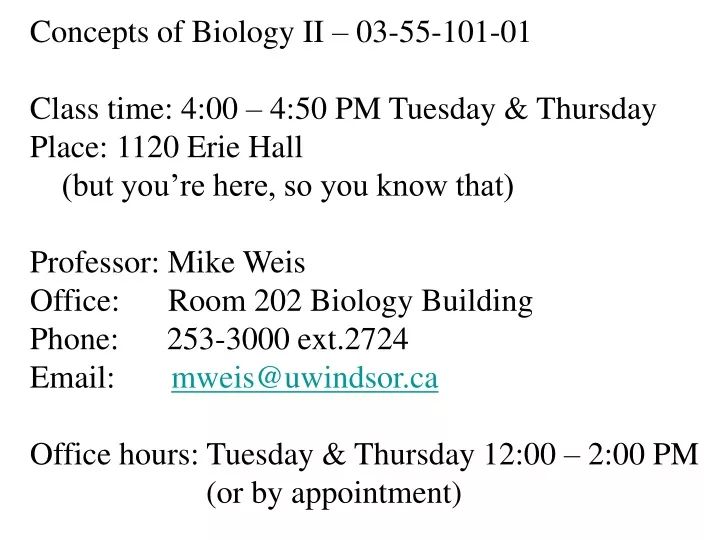 concepts of biology ii 03 55 101 01 class time