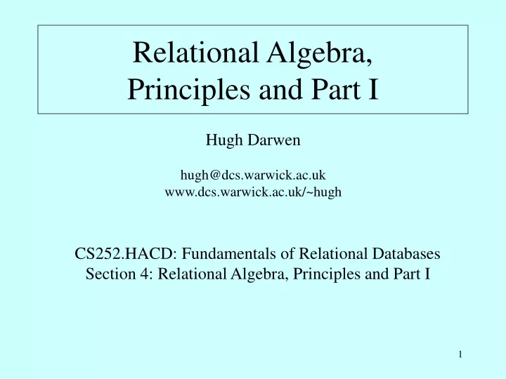 relational algebra principles and part i