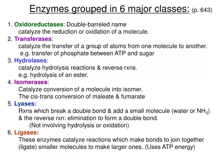 enzymes grouped in 6 major classes
