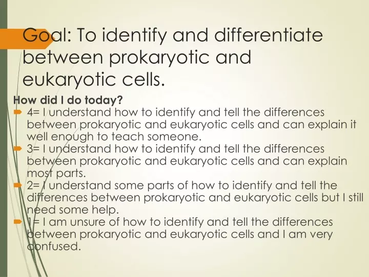 goal to identify and differentiate between prokaryotic and eukaryotic cells