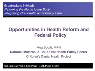 Opportunities in Health Reform and Federal Policy Meg Booth, MPH