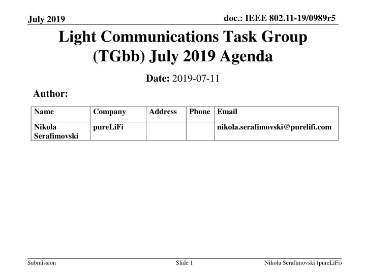 light communications task group tgbb july 2019 agenda