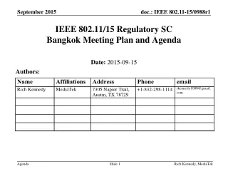 IEEE 802.11/15 Regulatory SC Bangkok Meeting Plan and Agenda