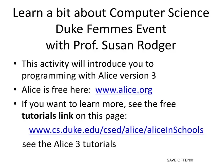 learn a bit about computer science duke femmes event with prof susan rodger