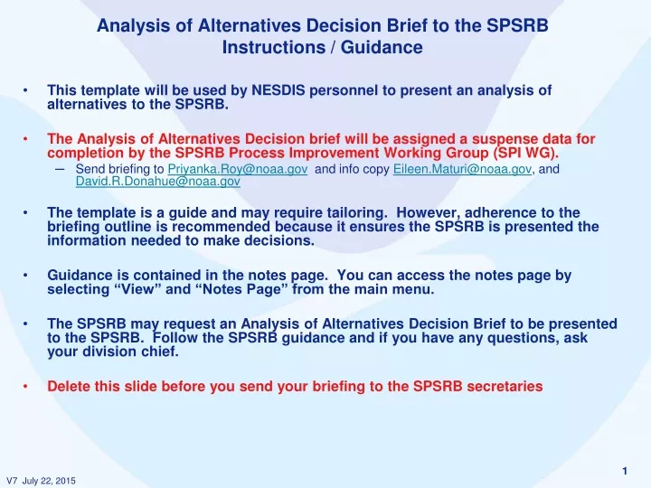 analysis of alternatives decision brief to the spsrb instructions guidance