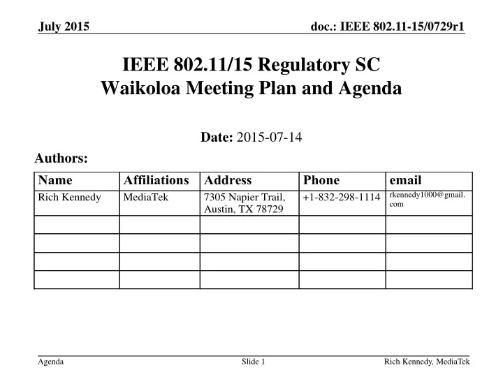 ieee 802 11 15 regulatory sc waikoloa meeting plan and agenda