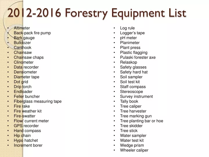 2012 2016 forestry equipment list