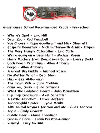Glasshouses School Recommended Reads – Pre-school Where’s Spot – Eric Hill Dear Zoo – Rod Campbell