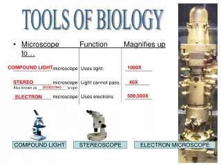 Microscope	Function	Magnifies up to… ______________ microscope	 Uses light.  	 __________