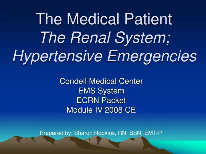 the medical patient the renal system hypertensive emergencies