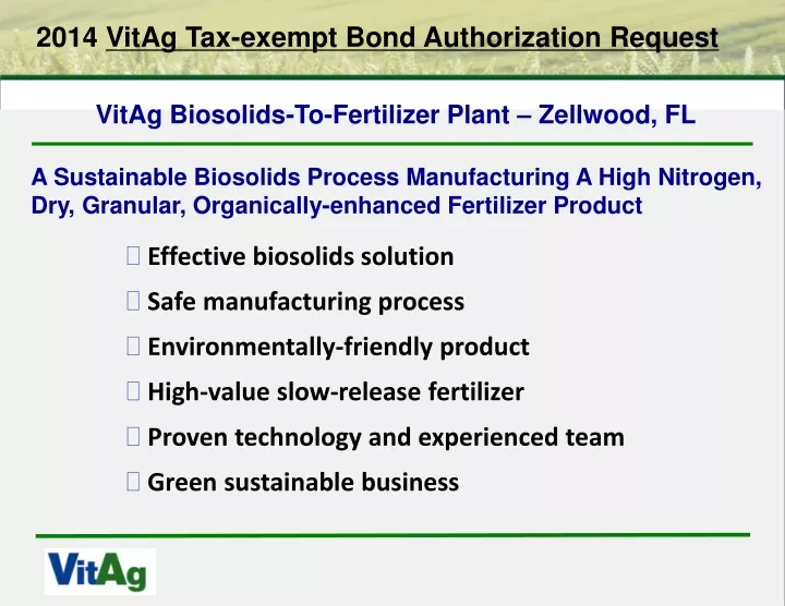 2014 vitag tax exempt bond authorization request