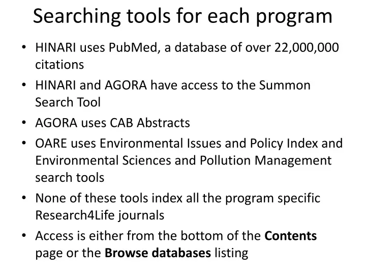 searching tools for each program