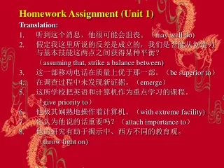 Homework Assignment (Unit 1) Translation: 听到这个消息，他很可能会沮丧。（ may well do)